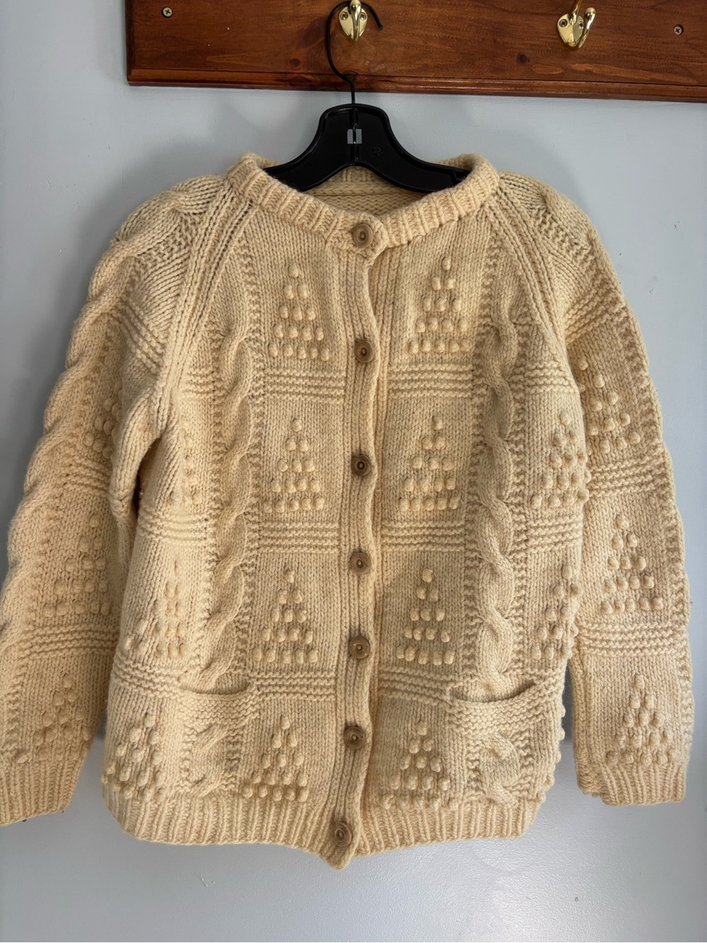 Hand knit wool Cream Cable Knit Button-Front Women's Sweater Cardigan